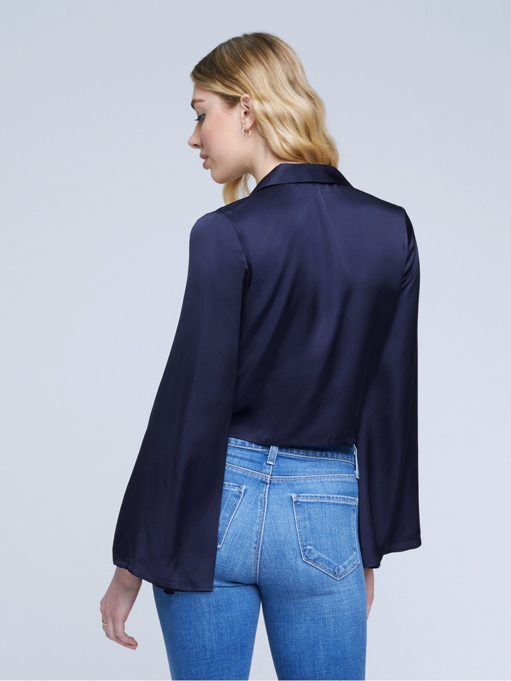 L’Agence Roxane tie front silky top midnight navy blue small - Picture 3 of 11